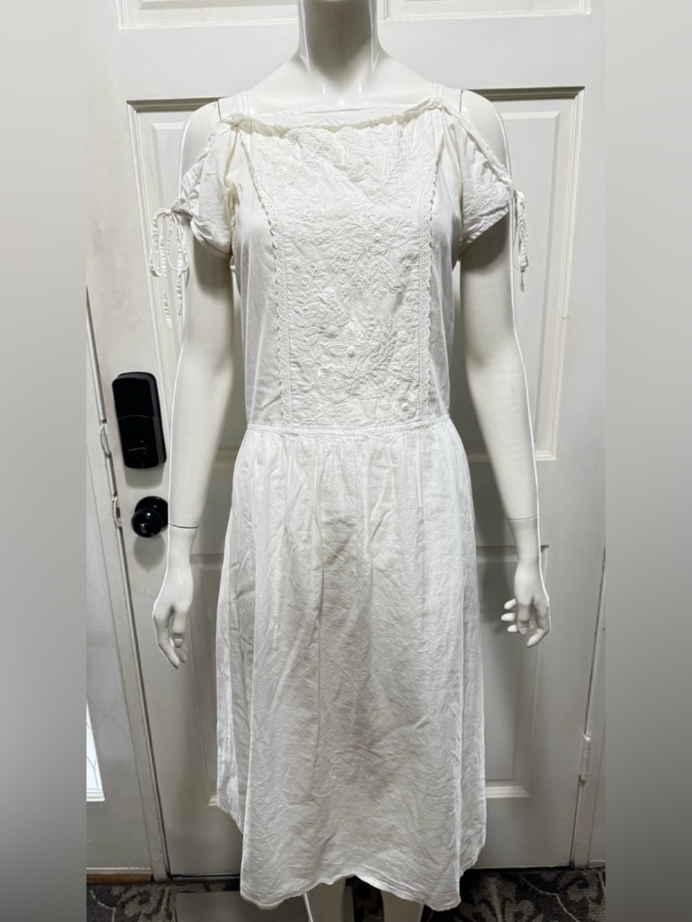 Sita Murt 100% Cotton Boho White Embroidered Cold-Shoulder Midi Dress - Sz 36 A